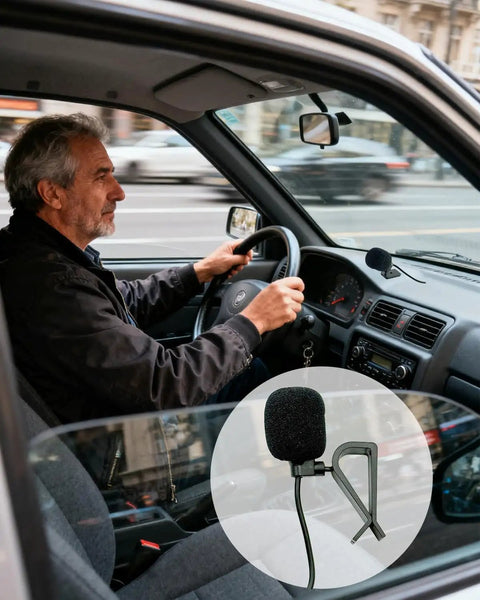 Driver using Universal Car Radio Microphone Replacement 3.5mm HD Voice Mic in vehicle interior with 9.84ft cable