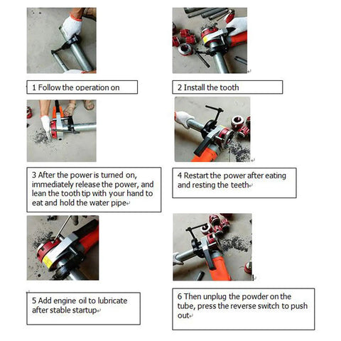 Job Ready Electric Pipe Threader Kit Featuring A Beefy 2300W Motor showing step-by-step instructions for operation.