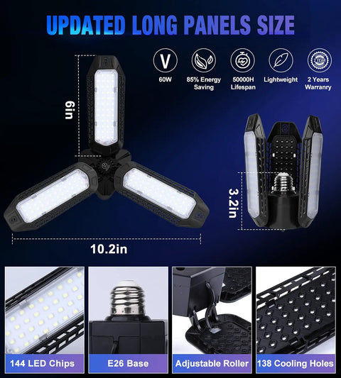 Three Panel Deformable LED Garage Light 60W 8000 Lumens E26 Socket Daylight 6500K Shop Light for Garage Warehouse Workshop Basement Attic Adjustable Bright Panels for Easy Install and Superior Illumination