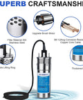 12V DC Solar Well Pump Kit With 200W Panel Included Submersible Water Pump features brush motor, stainless steel, copper cable.
