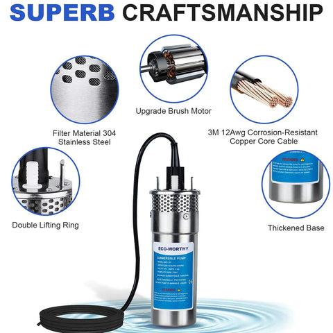 12V DC Solar Well Pump Kit With 200W Panel Included Submersible Water Pump features brush motor, stainless steel, copper cable.