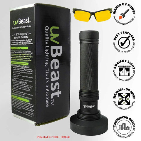 Powerhouse 100 LED UV Black Light Flashlight with 30 Foot Flood Beam 385Nm to 395Nm professional grade product package with glasses