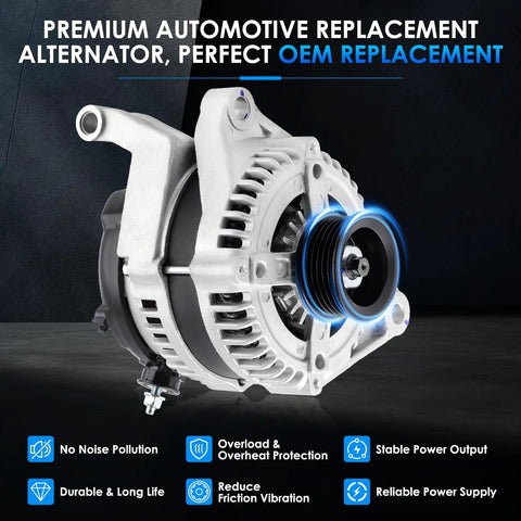 Premium 11240 Car Alternator Replacement For Dodge Ram 1500 09-10 Durango Grand Cherokee Commander Liberty 07-10 And Chrysler Aspen Direct Fit OEM-Equivalent High Output Beefed-Up Power 56029914A Compatible 11240N Series shown in side view on dark background.