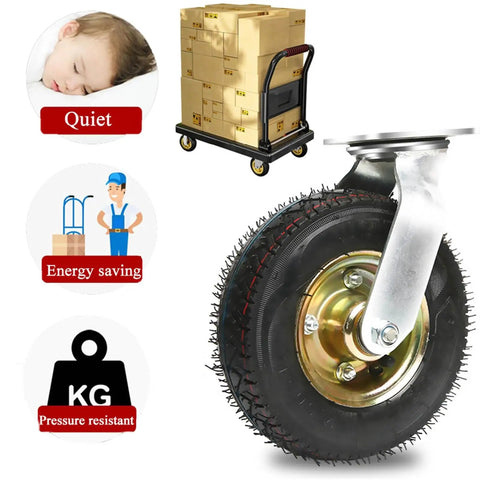 Heavy duty swivel caster wheel featuring sturdy steel plate, rubber tread for shock absorption, part of Four Pack Heavy Duty Swivel And Fixed Caster Wheels Constructed From Sturdy Steel Plates And Equipped With Double Ball Bearings For A Slick Floor Saving Roll.