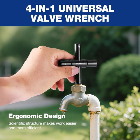 Heavy Duty 4 Way Water Key Set For Faucets And Meters From WORKPRO being used on outdoor spigot, shown in ergonomic design close-up.