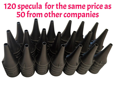 120 Small 3mm Specula For 4th And 5th Gen Otoscope Perfect For Infants And Kids Works With Standard Welch Allyn Otoscopes Not Macroview And Great For Off Brand Units At A Fraction Of The Price. black 3mm plastic otoscope specula, shown in a 120-pack for pediatric ear exams