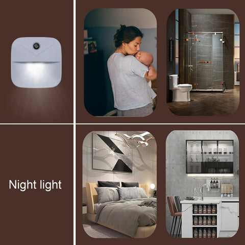 Six Pack Plug In LED Night Lights With Dusk To Dawn Sensor in various home settings, showing use in bedrooms, bathrooms, and kitchens.