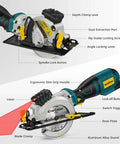 Enventor mini circular saw, teal and black body with yellow knobs, 4-1/2 in blade and laser guide