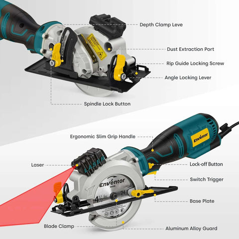 Enventor mini circular saw, teal and black body with yellow knobs, 4-1/2 in blade and laser guide