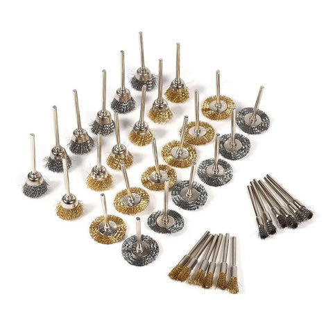 36 Piece Brass And Steel Wire Brush Polishing Wheel Kit for rotary tools with various shaped heads for rust removal