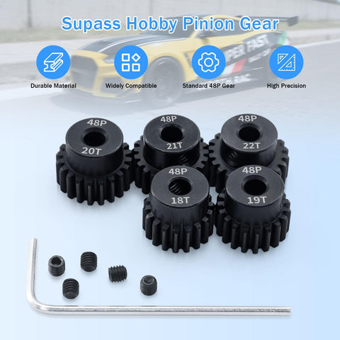 48P Pinion Gear Set For One Tenth RC Car With 3.175mm Shaft Hole Includes 18T 19T 20T 21T 22T 48 Pitch Motor Gears Upgrade Kit