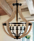 Solid Wood Modern Farmhouse 5 Light Chandelier For Dining Room And Kitchen Island Adjustable Height Brown Finish Rustic Chic Pendant Lighting For Living Room Foyer Over Table Handcrafted And Eco Friendly, displayed in a rustic interior