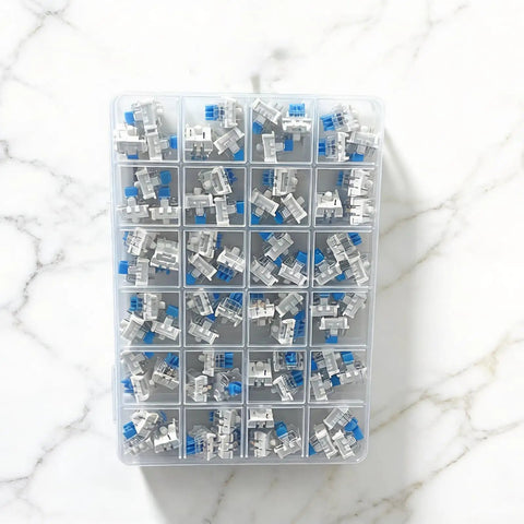 Blue Clicky Mechanical Keyboard Switches Kit 120 Pack, 3 Pin, 50gf Actuation, Dustproof and Water Resistant, Clear Housing for LED Backlit Gaming Keyboards and 3D Printing Projects, Easy Install, Durable, High Quality Feel in organizer tray