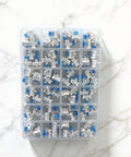84 Piece Blue Mechanical Keyboard Switch Set With 3 Pin Clicky 50gf Actuation, Dustproof Durable Housing For LED Backlit Gaming Keyboards And 3D Printing Projects, Great Upgrade For Your Rig in organizer box