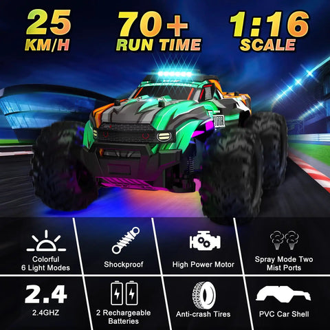 All Terrain One Sixteenth Scale RC Monster Truck With LED Lights on racetrack, showcasing speed and lighting features.