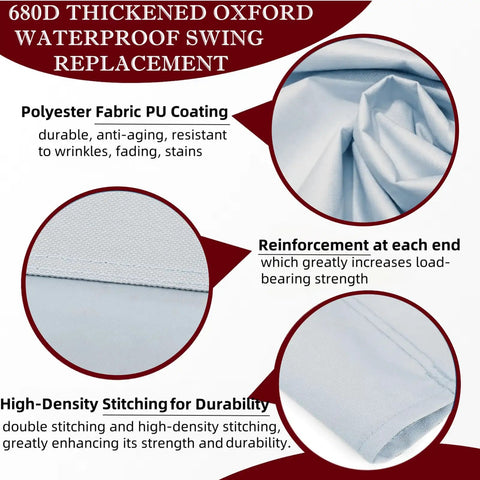 Heavy Duty Porch Swing Seat Cover Replacement For 2 To 3 Seater Chairs 680D Thickened Waterproof Oxford Fabric All Weather Outdoor Patio Bench Cover 58.2x19.7x19.7 Inches Gray showing fabric details and stitching.
