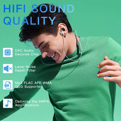 Man enjoying music with 64GB Bluetooth MP3 Player With Built In HD Speaker, FM Radio, Voice Recorder, HiFi Sound.
