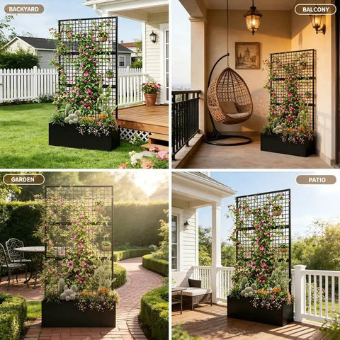 Metal Raised Garden Bed With Built In Trellis And Privacy Screen For Patio 71 Inch By 47.2 Inch By 16 Inch Drainage Holes showcasing different placement areas including backyard, balcony, garden, and patio, with climbing plants and flowers.