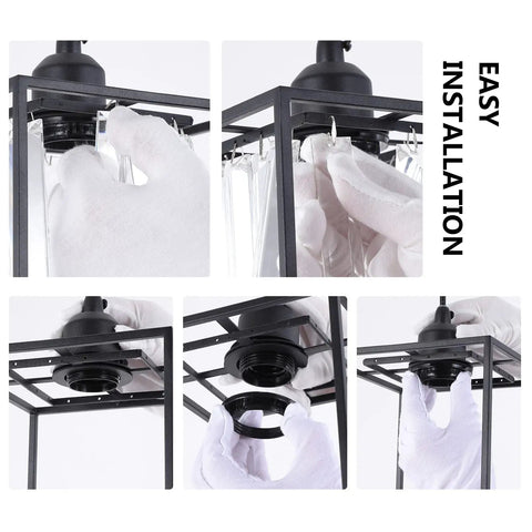 Installation guide for Plug In Pendant Light With Cord In Black Metal Cage And Crystal Accents display, showing ease of assembly.