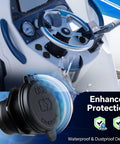 Heavy Duty Dual Port 12V Car Charger With Rugged Aluminum Housing waterproof splash lid mounted on a boat dashboard.