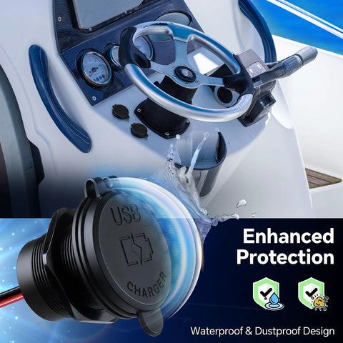 Heavy Duty Dual Port 12V Car Charger With Rugged Aluminum Housing waterproof splash lid mounted on a boat dashboard.
