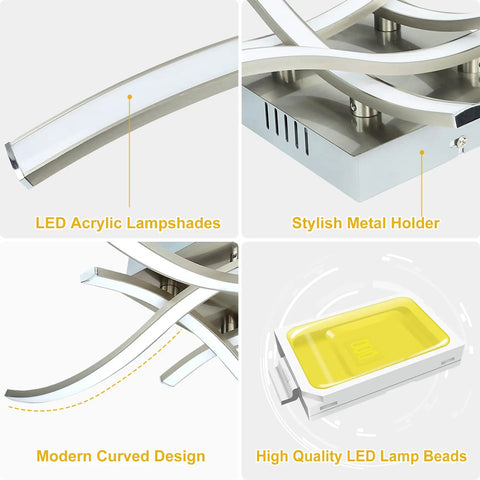 4 Light Modern LED Ceiling Light With Curved Wave Design Brushed Nickel Finish details of components and design
