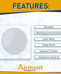 Set Of Two Five Inch White Metal Ceiling Blank Up Cover Plate For Three And One Half Inch Round Or Octagon Electrical Boxes With Two Point Seven Five Inch Hole Spacing And Mounting Screws Included For Ceiling Or Wall Coverage shown with features.