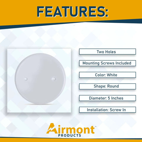 Set Of Two Five Inch White Metal Ceiling Blank Up Cover Plate For Three And One Half Inch Round Or Octagon Electrical Boxes With Two Point Seven Five Inch Hole Spacing And Mounting Screws Included For Ceiling Or Wall Coverage shown with features.