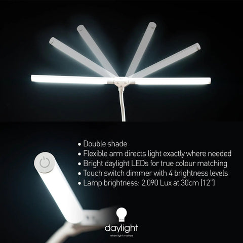 Duolamp Floor Lamp With Dual Heads, showing flexible arm and touch control with LED lights on display.