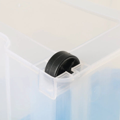 Close-up of smooth ride wheel on Heavy Duty Rolling Storage Bin With Secure Lid And Smooth Ride Wheels, Solid Plastic Organizer Tote.
