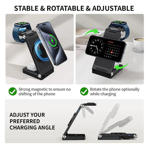 MagSafe 3 In 1 Travel Wireless Charger With Light for iPhone and smartwatch, foldable adjustable desk dock view