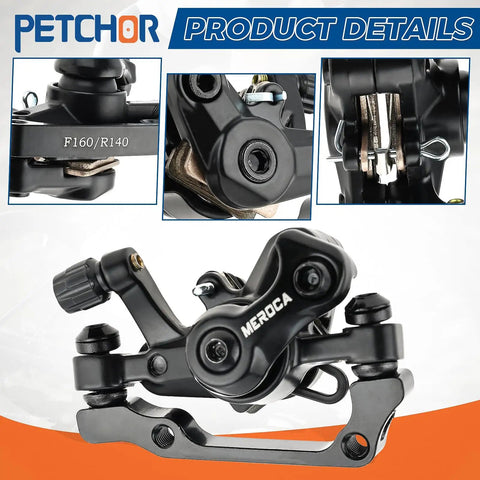 Heavy Duty Mechanical Disc Brake Set Front And Rear Calipers For MTB Road Bike With Tight Linear Pull Braking Power And Durable Alloy Levers For Kickass Trail Adventures detailed view showing F160/R140 caliper design and sturdy black aluminum construction.