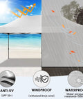 Heavy Duty 10x20 Pop Up Canopy Tent With 6 Sidewalls showing anti-UV, windproof, waterproof features over beach and forest background