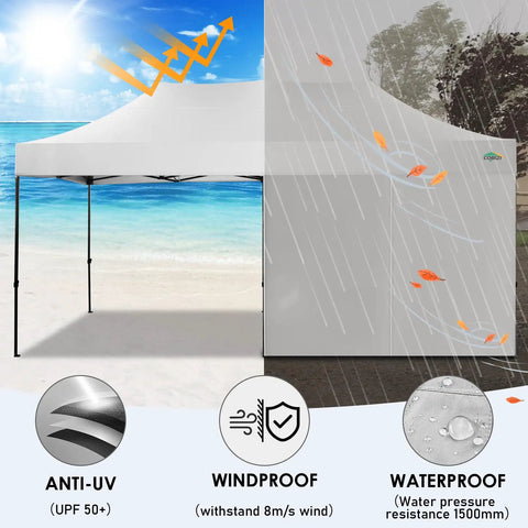 Heavy Duty 10x20 Pop Up Canopy Tent With 6 Sidewalls showing anti-UV, windproof, waterproof features over beach and forest background