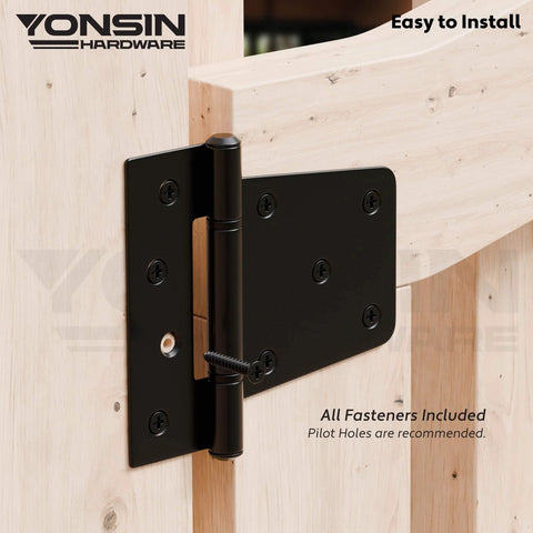 3.5 Inch Heavy Duty Strap Gate Hinges Kit For Wooden Gates Vinyl Fence And Barn Doors 4 Pcs Black installed on wood gate