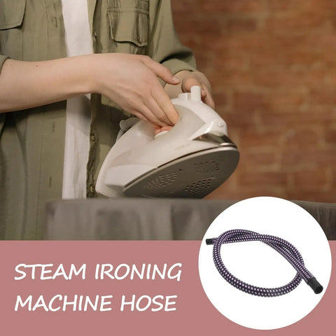 Heavy Duty 51.97 Inch High Temperature Steam Hose Replacement For Garment Steamer, coiled PVC nylon hose shown with iron