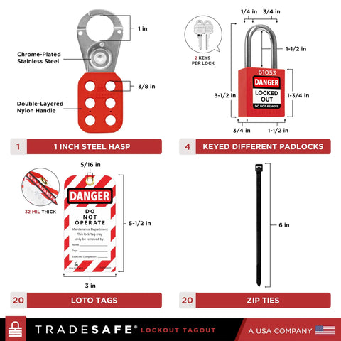 Lockout Tagout Station Kit With 26 LOTO Devices And 20 Do Not Operate Tags Padlock Hasps Wall Mount Board OSHA Compliant Industrial Safety System Built Tough For Heavy Duty Work Environments, featuring steel hasp, padlocks, tags, and zip ties.