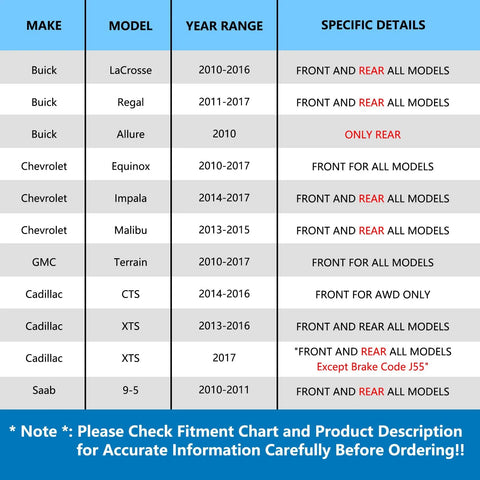Fitment chart for Front Or Rear Wheel Bearing And Hub Assembly For GM Cars And SUVs Fits Malibu Impala Equinox Terrain Lacrosse Regal Saab 9 5 Cadillac XTS CTS 2010 2017 Durable Wheel Hub Replacement