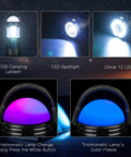 4 Pack Solar Lantern Flashlights For Camping And Emergencies USB Rechargeable 2000mAh Battery Tent Lights Power Outages Hurricane Survival Gear Home Cabin RV Outdoor Adventures And Emergency Kits showing COB camping lantern, LED spotlight, and trichromatic lamp modes.