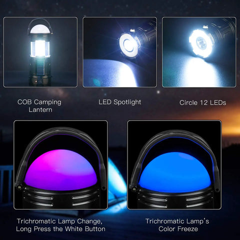 4 Pack Solar Lantern Flashlights For Camping And Emergencies USB Rechargeable 2000mAh Battery Tent Lights Power Outages Hurricane Survival Gear Home Cabin RV Outdoor Adventures And Emergency Kits showing COB camping lantern, LED spotlight, and trichromatic lamp modes.