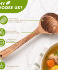 Premium Italian Olive Wood Ladle Kitchen Spoon That Totally Slaps With 12 Inch Long Handle And Deep Bowl Head For Cooking Soup displayed on marble with soup.