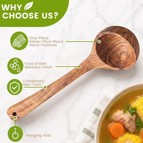 Premium Italian Olive Wood Ladle Kitchen Spoon That Totally Slaps With 12 Inch Long Handle And Deep Bowl Head For Cooking Soup displayed on marble with soup.