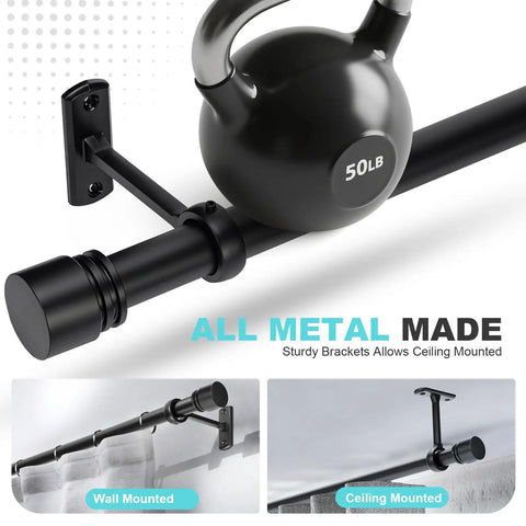Extra Long Black Curtain Rod 240 Inches Heavy Duty 1 Inch Metal Drapery Rod For Large Windows And Sliding Doors With Five Mounting Brackets Wall Or Ceiling Install Seamless Finish For Smooth Curtain Glide showing weight capacity and mounting options