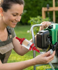 Woman installing Five Sixteenth Inch Beefy Inline Gas Filter With Reusable Aluminum Body And Clear Glass on lawn mower