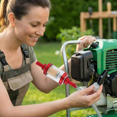Woman installing Five Sixteenth Inch Beefy Inline Gas Filter With Reusable Aluminum Body And Clear Glass on lawn mower