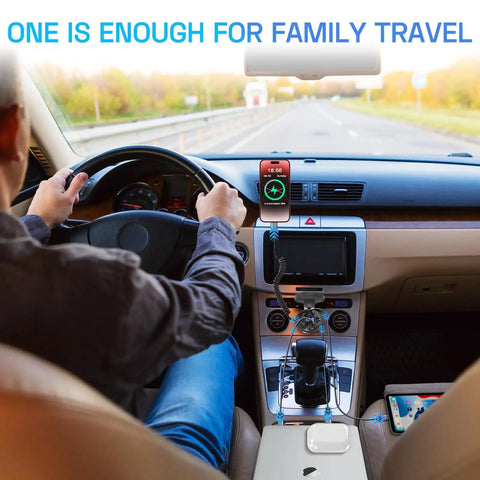 Driver using 2 Pack 12V To 24V Cigarette Lighter Outlet With Voltmeter Quick Charge 3.0 in a car interior.