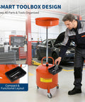 Upgrade Your Shop With This Tough 8 Gallon Waste Oil Drain Tank Featuring An Adjustable Funnel, Portable Air Operated Drainer For Fluid Transfer, Heavy Duty Rust Proof Steel Build With Wheels And Toolbox Storage in shop setting.