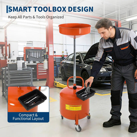 Upgrade Your Shop With This Tough 8 Gallon Waste Oil Drain Tank Featuring An Adjustable Funnel, Portable Air Operated Drainer For Fluid Transfer, Heavy Duty Rust Proof Steel Build With Wheels And Toolbox Storage in shop setting.