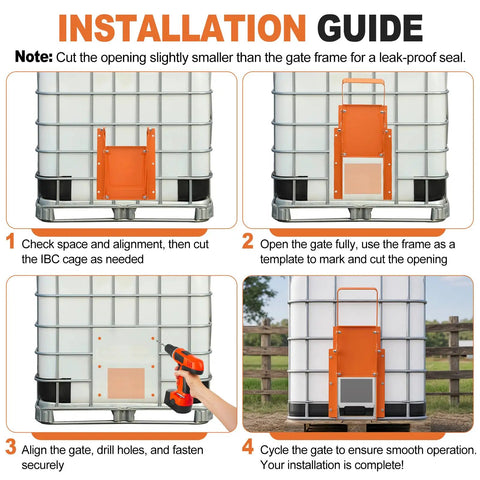 Installation guide for Heavy Duty Sliding Grain Gate For Ibc Tote With A Knockout Manual Flow Control Lever Built Tough From Top Shelf Alloy Steel displaying steps.