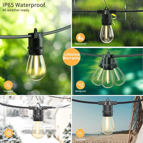 Five views of 48Ft Outdoor LED String Lights With Remote Dimmer And Timer For Patio Porch And Backyard IP65 Waterproof Edison Vintage Style Lights Easy 1 To 10 Dimming 60Ft Remote Range For A Dope Backyard Vibe.
